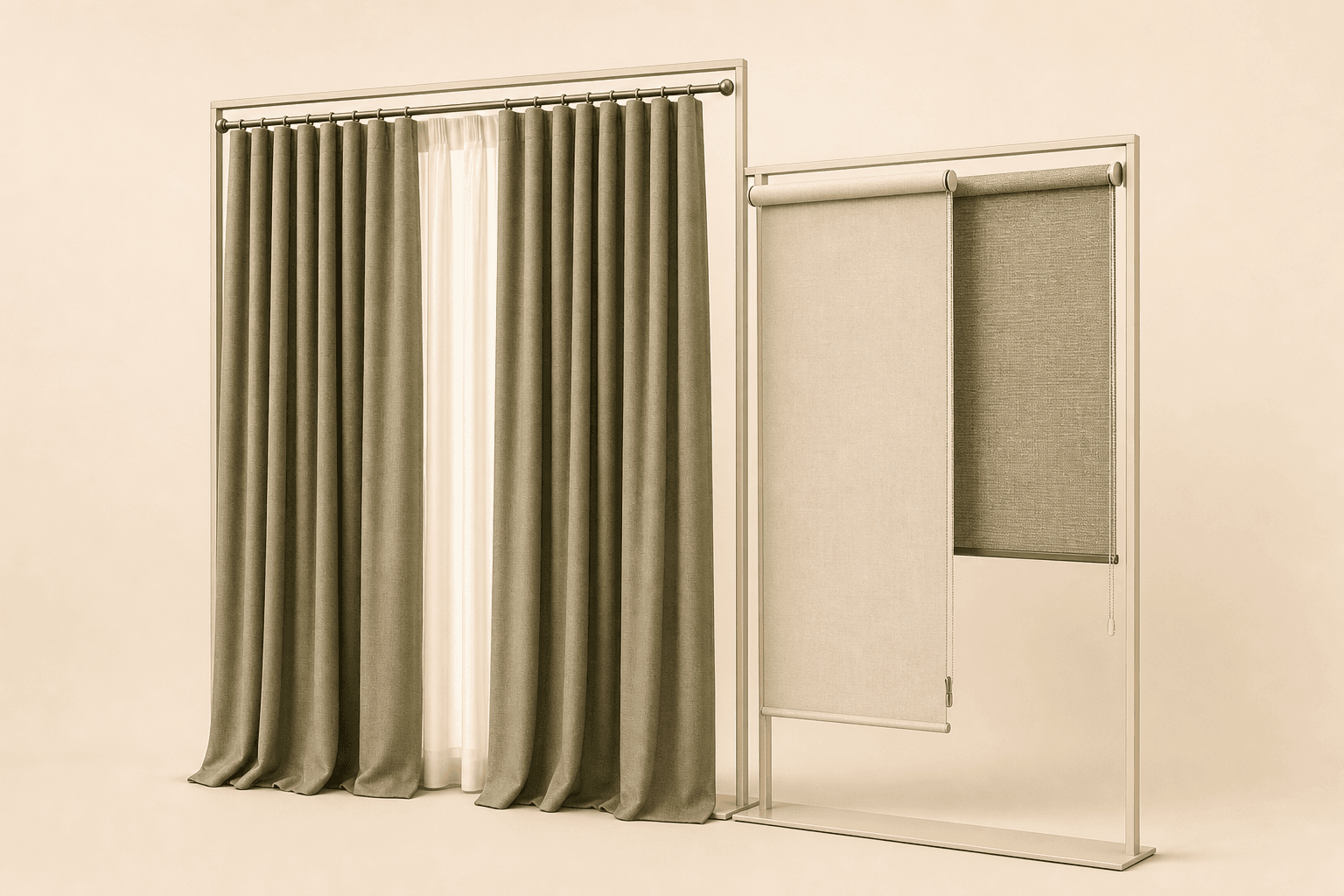 Curtains and roller blinds staged on a cream background