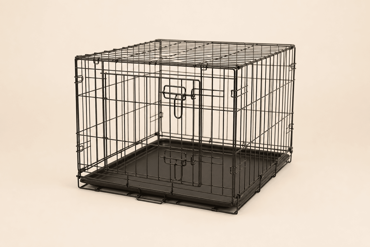 Wire dog training crate on a cream background