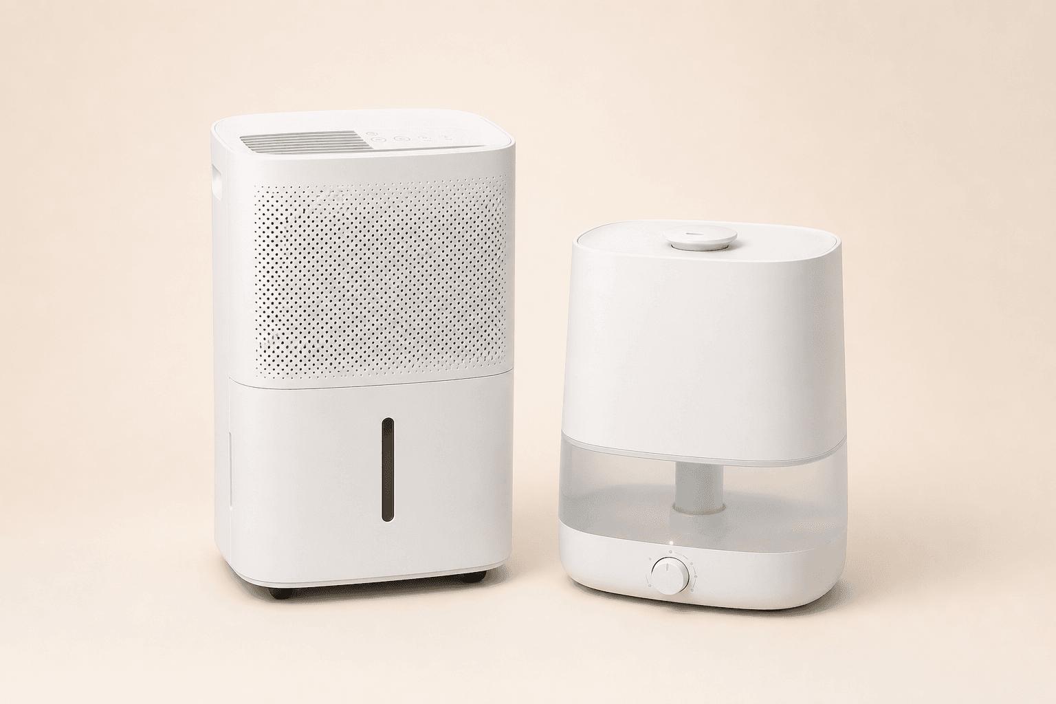 Dehumidifier and humidifier pair on a cream background