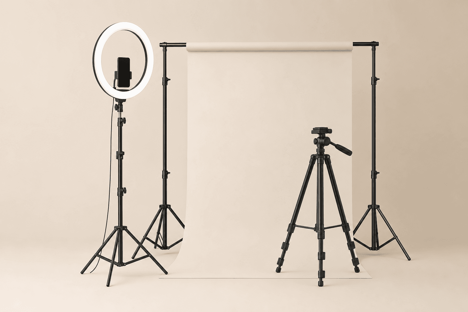 Content creator kit with ring light, backdrop, and tripod on a cream background
